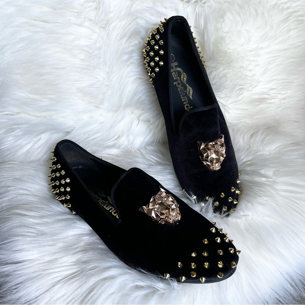 Harpelunde Spikes Velvet Loafers Sz 7 Wedding Shoes Animal Buckle  Velour Black